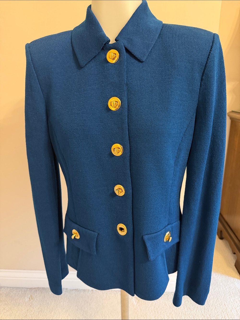 St. John Collection Teal Blue Knit Blazer with Gold Buttons